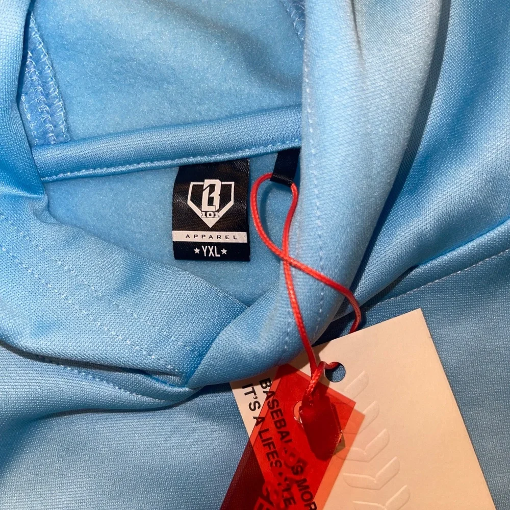 BSBL-SZN YXL Youth Short Sleeve Light Blue Hoodie with Red Graphic V2 - Picture 3 of 5